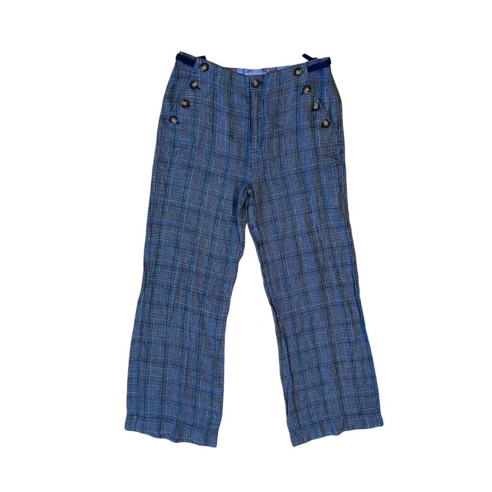 Sundance Linen Plaid Wide Leg Pants Women’s P10 Blue Glen Plaid Button Trousers